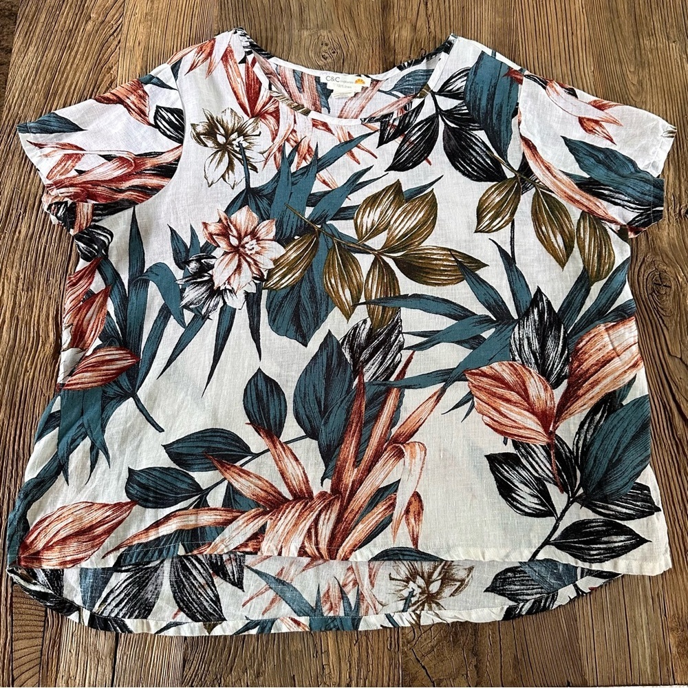 C & C California Teal Floral Tropical 100% Linen S/S Lagenlook Blouse Top Sz. 1X